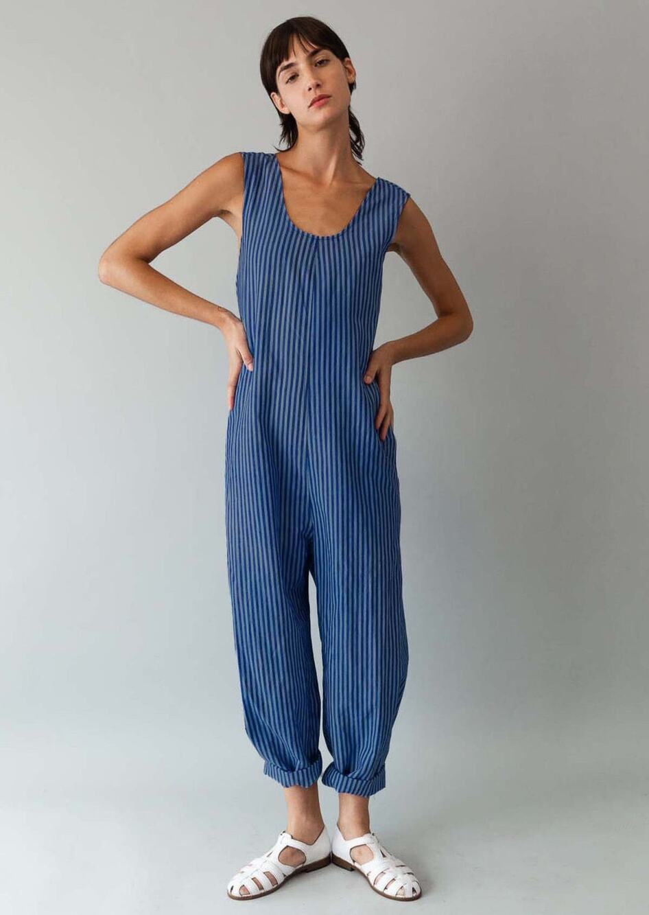 Caron Callahan Crista Jumpsuit in Blue Cotton Stripe Women's Medium Lagenlook